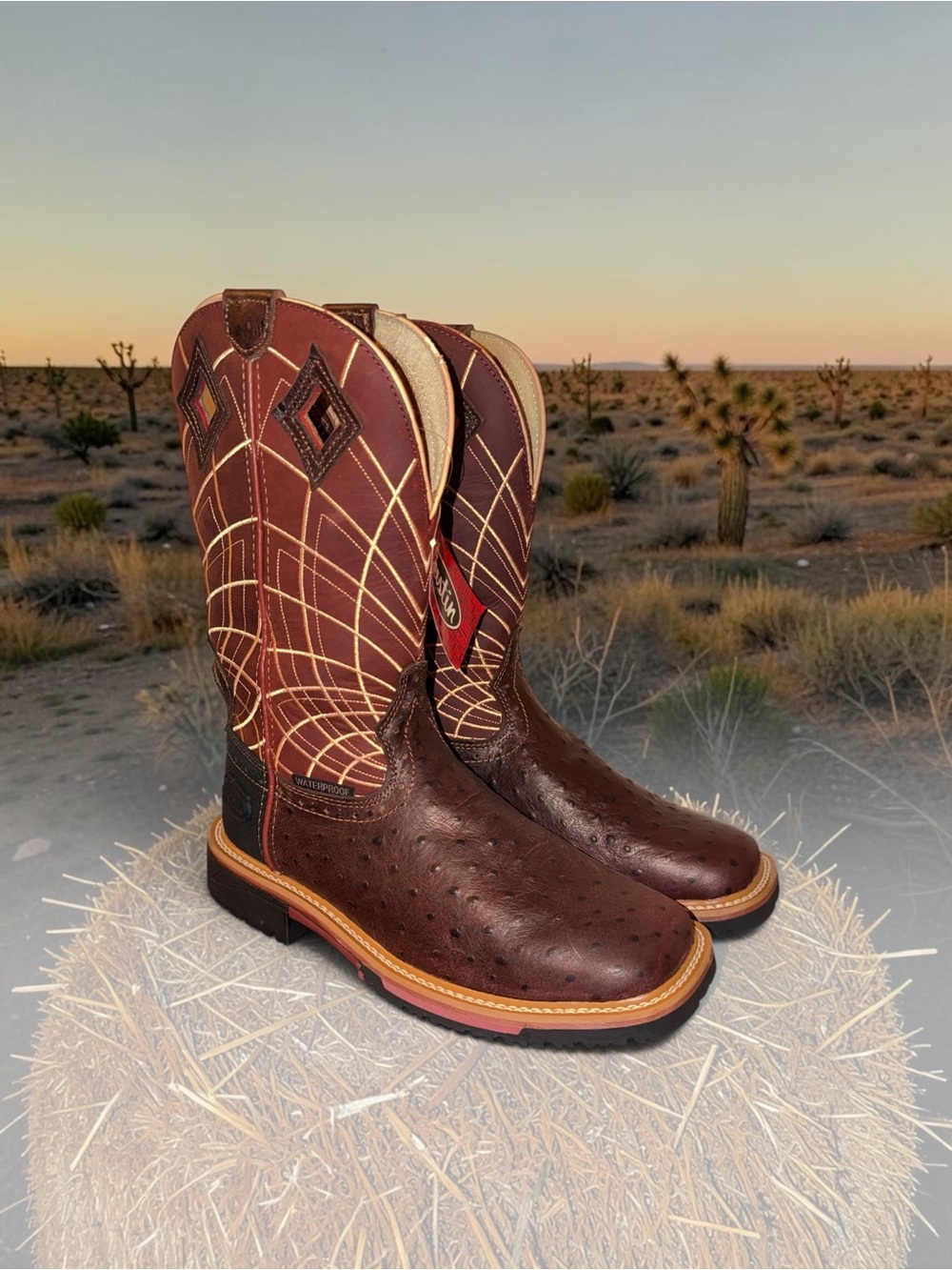 Justin Boots Men's Dark Brown & Tan Ostrich-Style Western Work Boots Sz 9D